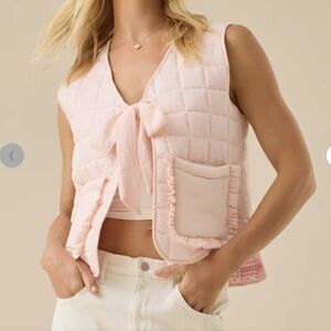 Chic Pink Floral Gingham Quilted Vest with Bow Tie Closure Size Large NWT